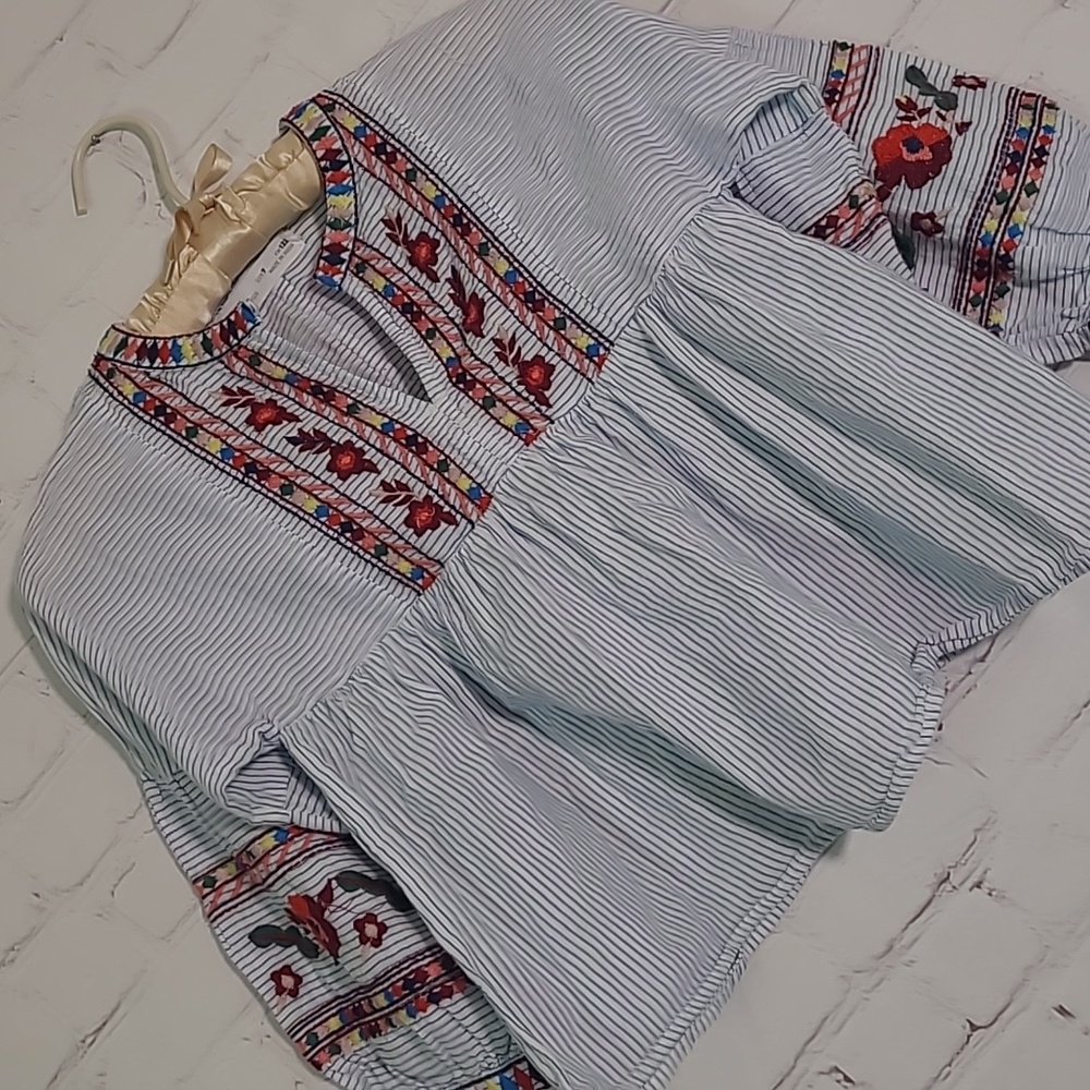 ZARA Kids Embroidered Peasant Blouse Stripes Bell Sleeve Girls Size 7 - Picture 7 of 15